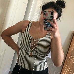 Striped leotard with tie up in front